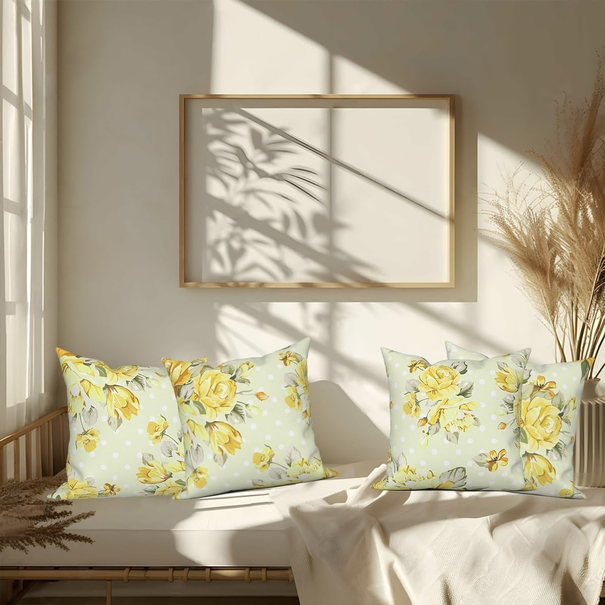 Light Yellow Flower Throw Pillow Covers 20"x20" Set of 4, Retro Floral Sofa Pillowcases for Chair Couch Bed Living Room Office Car Garden Patio Farmhouse Indoor Outdoor Decorative