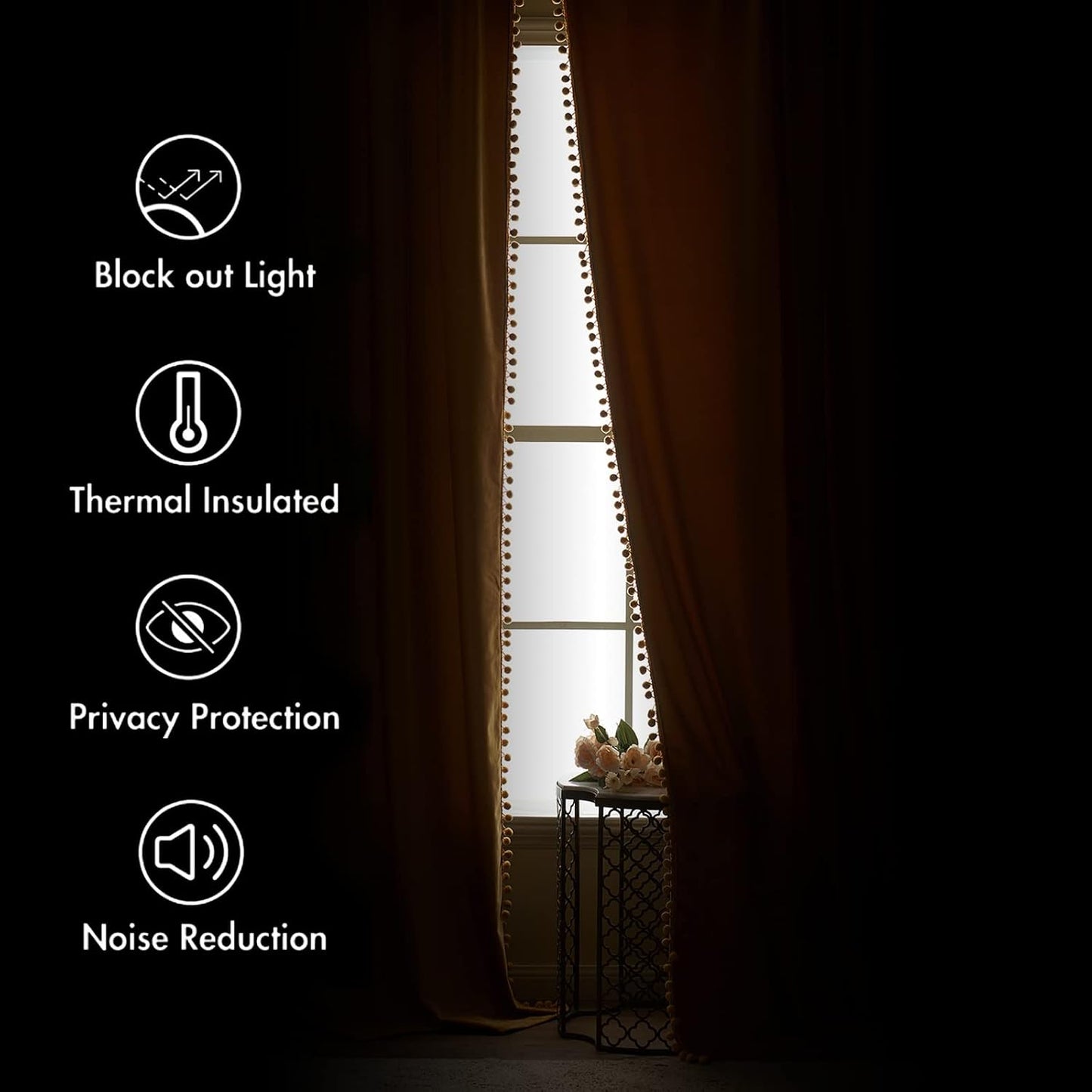 MIULEE Mustard Yellow Pom Pom Velvet Curtains for Fall Bedroom/Living Room Darkening Thermal Insulating 84 Inches Long Blackout Curtains with Rod Pocket for Bedroom/Home Theater Set of 2