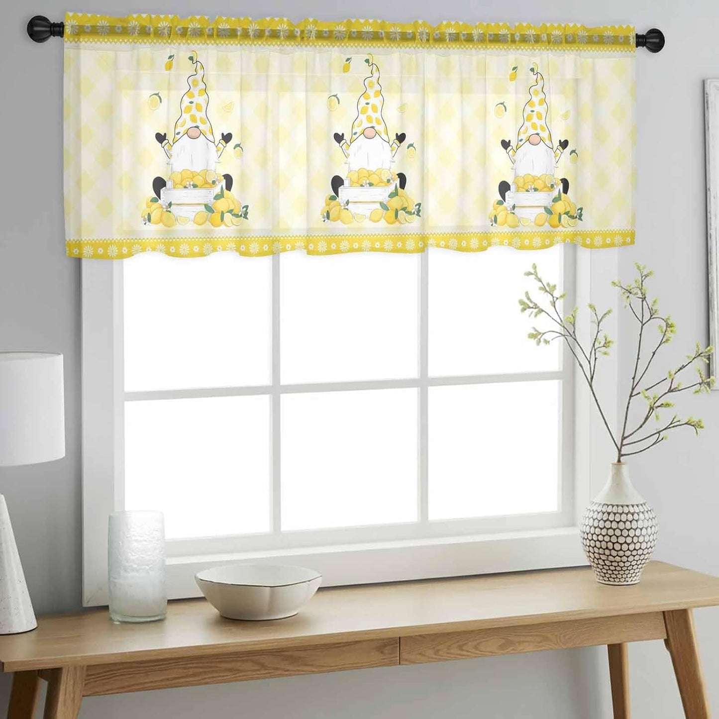 Lemon Gnomes Sheer Curtains Valances for Windows Summer Botanical Fruit Leaf Yellow Lattices Chiffon Kitchen Valances for Cafe, Voile Window Treatments Curtains for Living Room Bedroom, 54"x18"