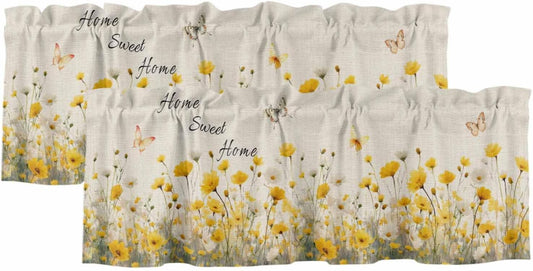 2 Pack Spring Yellow Flower Valances for Windows, Home Sweet Home Watercolor Floral Butterfly Linen Light Filtering Window Treatment Rod Pocket Short Curtain for Kitchen/Living Room, 42x12 Inch