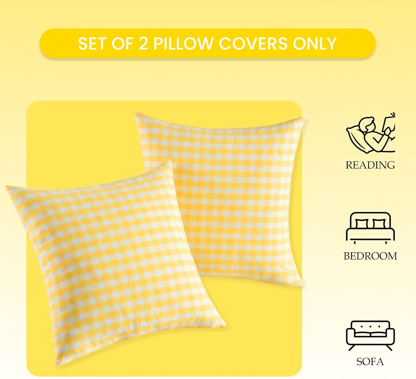 CARRIE HOME Yellow Gingham Checkered Throw Pillow Covers 18x18 Set of 2, Neutral Modern Farmhouse Yellow Outdoor Pillows 18 x 18 for Porch Patio Furniture (No Pillow Inserts)