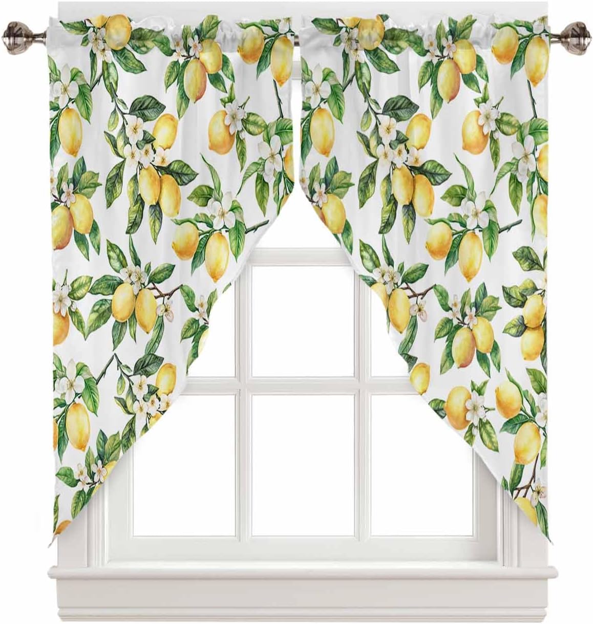 Yellow Lemon Swag Curtain Green Valance For Kitchen Window,Spring Summer Flower Wide Rod Pocket Curtain Drapes for Bedroom Bathroom Cafe Living Room Leaf Plant Light Filtering Drapery Panel,56"Wx36"H