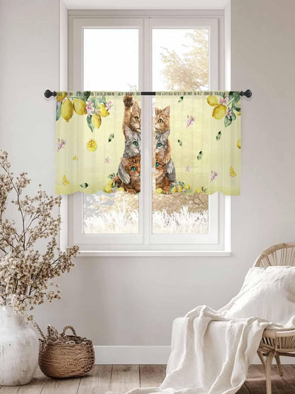 Lemons Cats Sheer Window Chiffon Curtains 54 Inches Long, Summer Rustic Botanical Fruits Yellow Windows Voile Curtain for Living Room, Elegant Light Filtering Window Drapes, 52"W x 54"L, 2 Panels