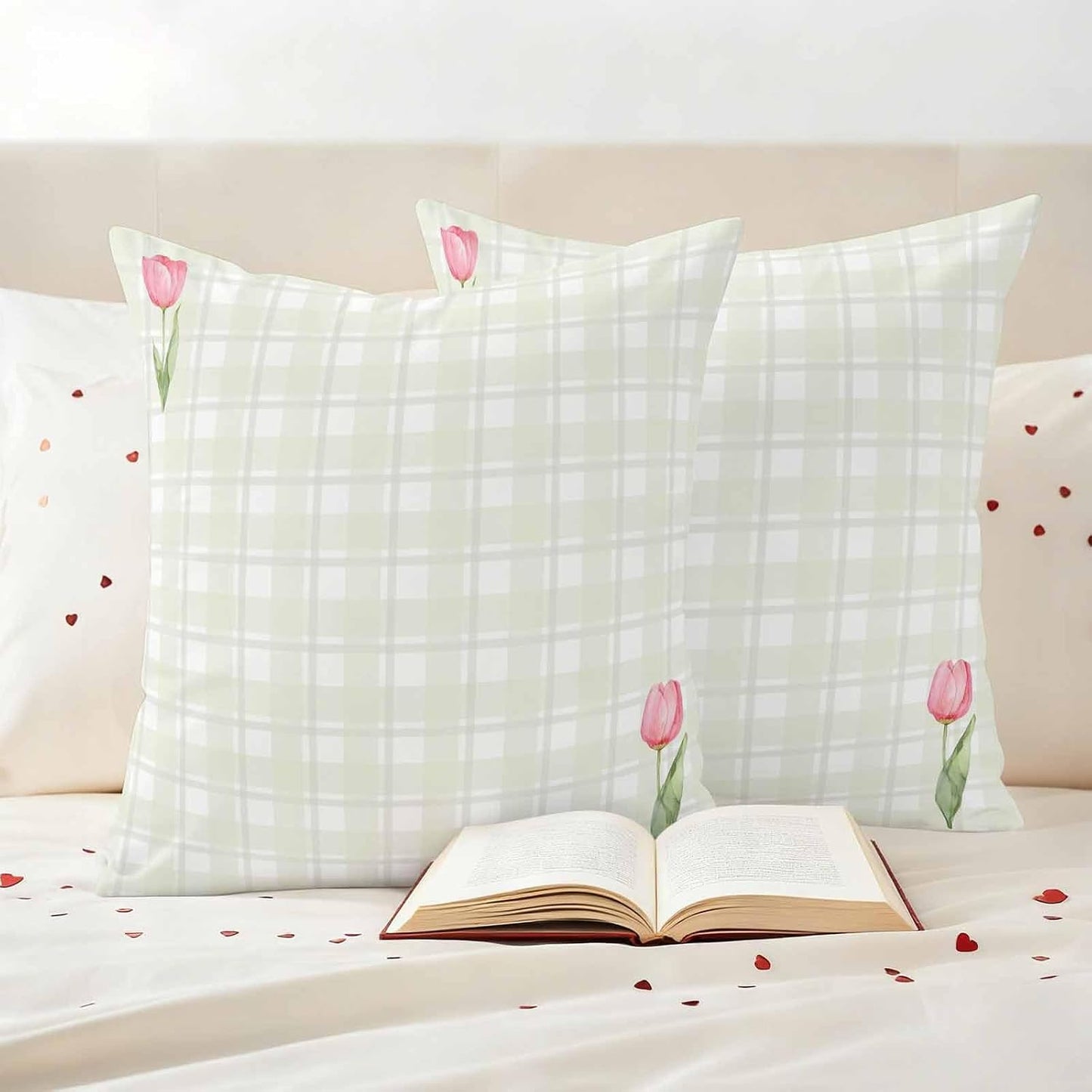 Waterproof Throw Pillow Covers 18x18 Set of 2, Light Yellow Lattice Spring Tulip Flower Outdoor Pillowcases Invisible Zipper, Minimalist Check Decorative Cushion Covers for Patio Garden Sofa Couch