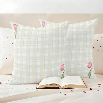 Waterproof Throw Pillow Covers 18x18 Set of 2, Light Yellow Lattice Spring Tulip Flower Outdoor Pillowcases Invisible Zipper, Minimalist Check Decorative Cushion Covers for Patio Garden Sofa Couch