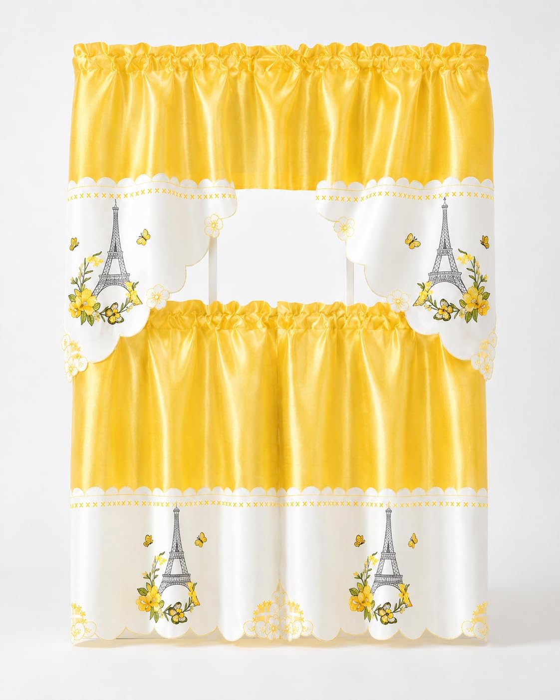 American Linen Eiffel Tower Embroidered Window Curtain Set, Yellow | 3 Piece, Paris Kitchen Curtains, Valance and Tiers, French Country Window Treatments