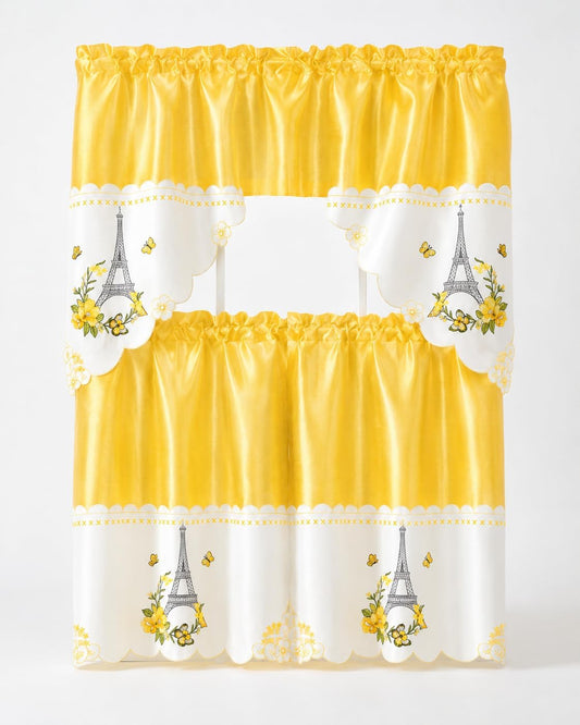 American Linen Eiffel Tower Embroidered Window Curtain Set, Yellow | 3 Piece, Paris Kitchen Curtains, Valance and Tiers, French Country Window Treatments