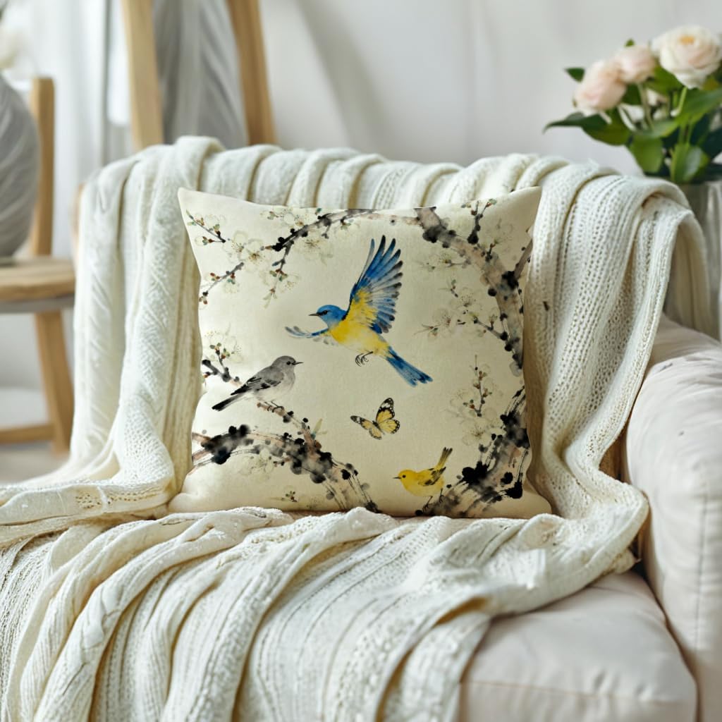 Chinese Ink Throw Pillow Covers with Birds Butterfly Wildflowers Cushion Cases Asian Garden Theme Pillowcases Botanical Wildlife Farmhouse Spring Summer Decor for Sofa Couch(Grey/Yellow)
