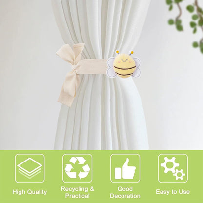 Cute Cartoon Animal Curtain Tiebacks, 4Pcs Drape Rope Holdbacks with Embroidered Bee Decor Cotton Curtain Ties for Baby Kid Room (Little Bee)