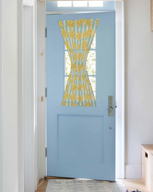Sheer French Door Curtain Yellow Lemon Teal Stripes Linen Background Semi Sliding Door Curtains Light Filtering Voile Front Door Patio Glass Door Curtains, 1 Panel, 25x40 Inch