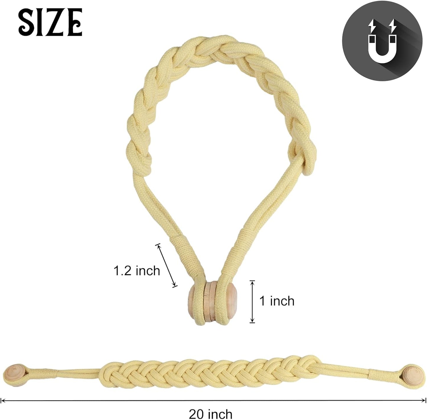 BEL AVENIR Curtain Tiebacks Magnetic Woven Curtain Holdback Drapery Tie-Back (Yellow -2Pack)