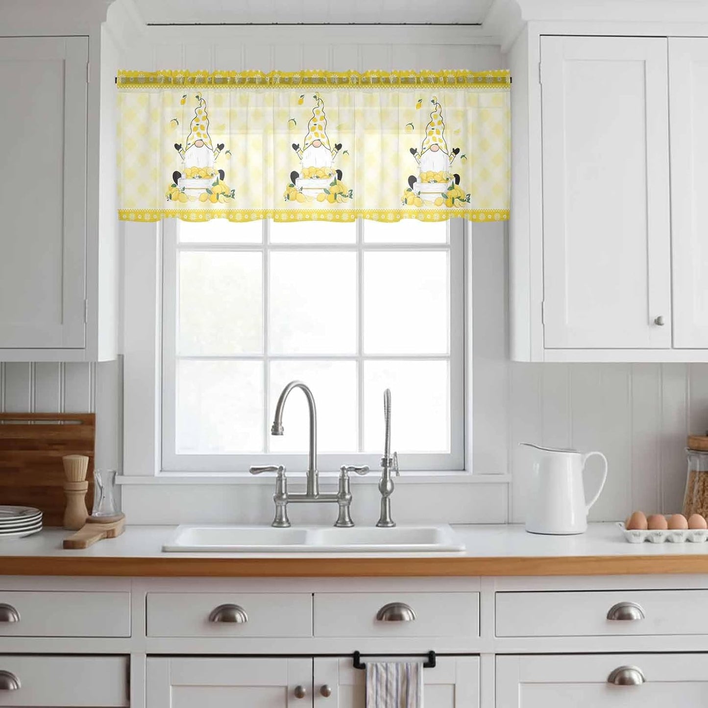 Lemon Dwarfs Sheer Valances for Windows Yellow Plaid Flower Summer Fruit Farm Plant Semi Sheer Kitchen Valance Rod Pocket Small Voile Window Curtains for Living Room Bedroom Laundry 54 x 18 Inch