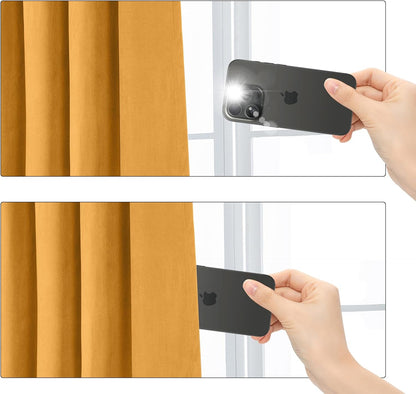 100% Full Blackout Velvet Curtains with Liner 96 inch Long 2 Panels for Living Room, Thermal Insulated Energy Saving Room Darkening Grommet Window Drapes for Bedroom, 52x96 Golden Yellow