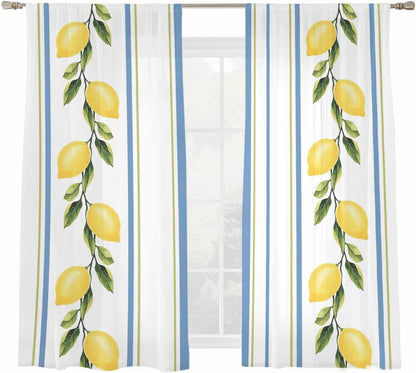 Lemon Striped Sheer Curtains 72 Inch Length 2 Panels, Yellow Fruit Blue White Geometric Light Filtering Voile Drapes for Living Room Bedroom Window Treatments, Rod Pocket Privacy Semi Sheer Curtains