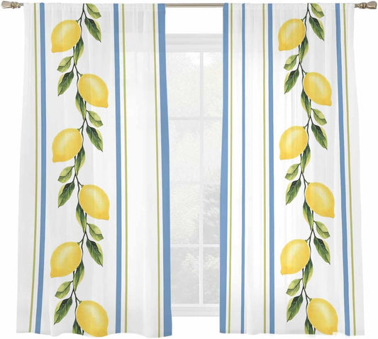 Lemon Striped Sheer Curtains 72 Inch Length 2 Panels, Yellow Fruit Blue White Geometric Light Filtering Voile Drapes for Living Room Bedroom Window Treatments, Rod Pocket Privacy Semi Sheer Curtains