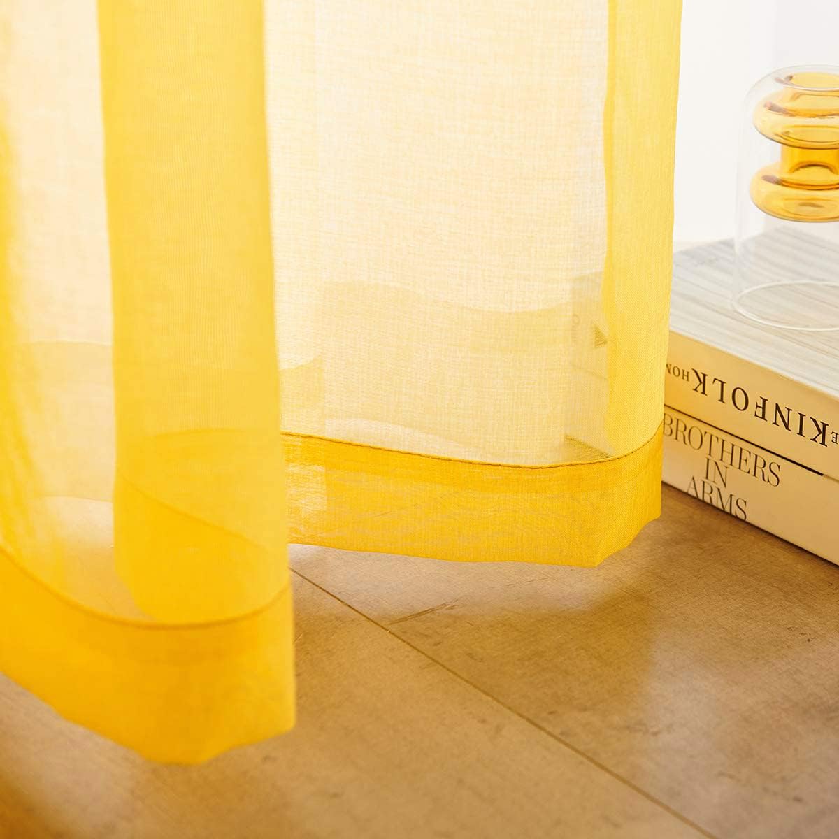 Butter Yellow Sheer Curtains 72 Inches Long Semi Faux Linen Yellow Sheers Curtain for Bedroom Living Room Girls Kids Room 2 Panels 52x72 Inch Length Gold