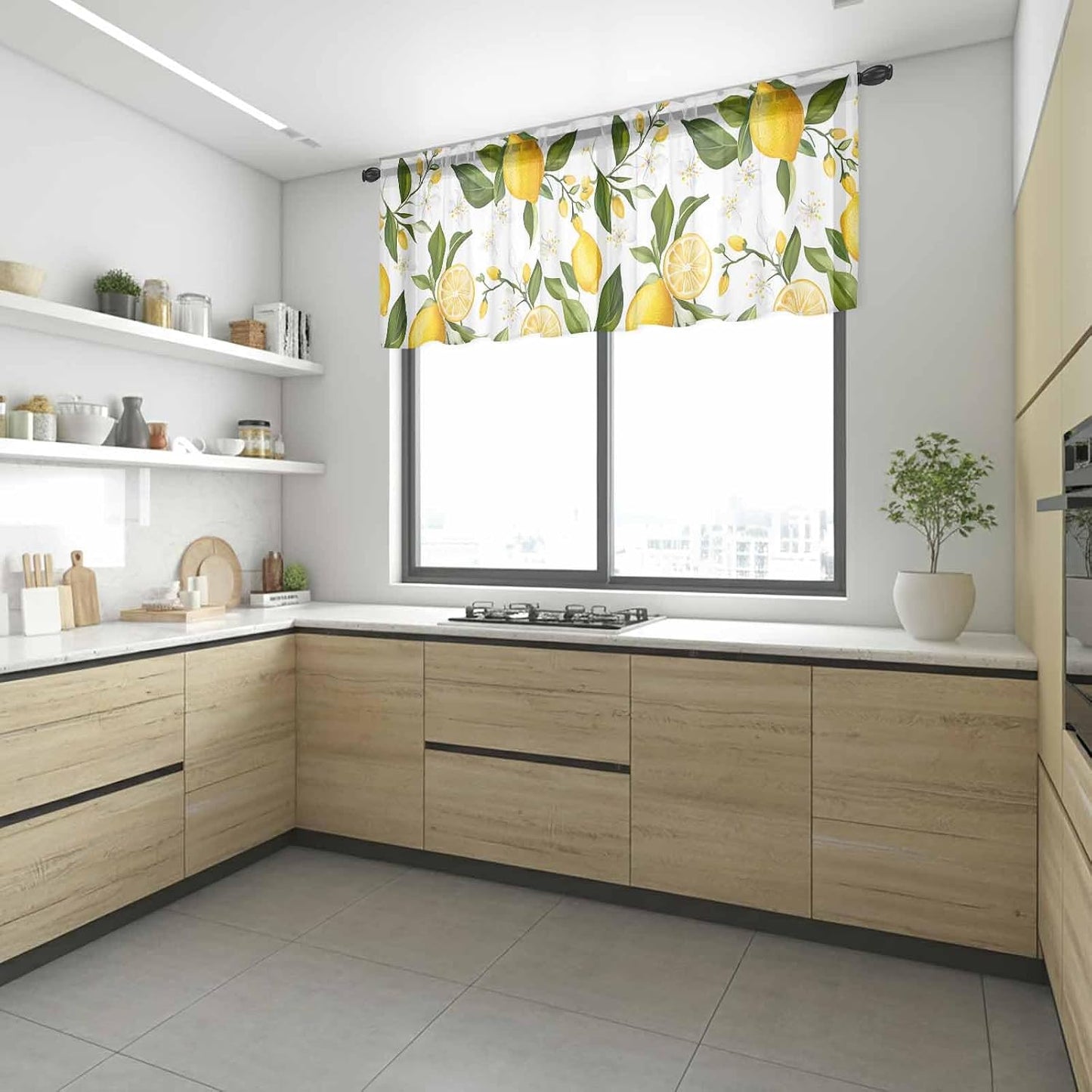 Lemon Summer Sheer Curtain 18 Inch Long Floral Lemon Yellow Green Light Filtering Rod Pocket Voile Curtain Valance for Bedroom Kitchen Cafe Window 54" W x 18" L