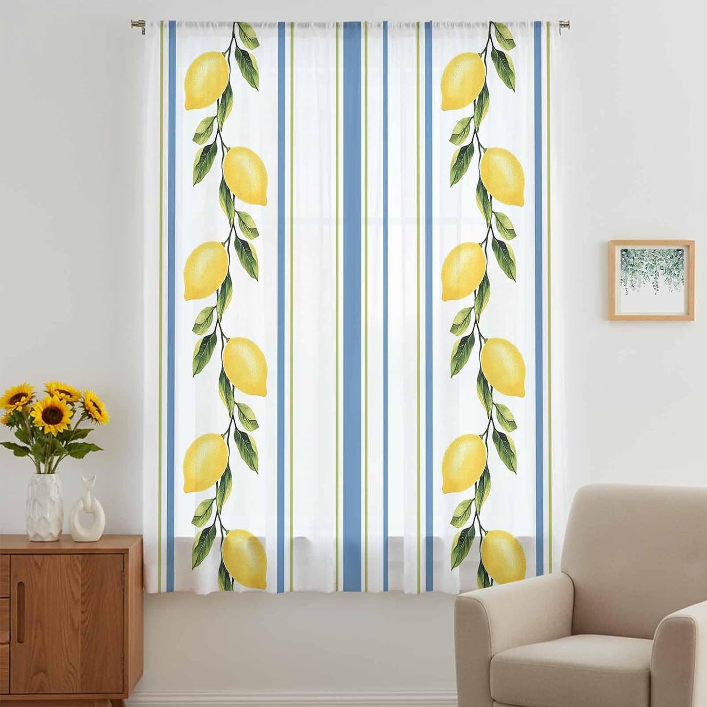 Lemon Striped Sheer Curtains 72 Inch Length Yellow Fruit Blue White Geometric Chiffon Curtain for Bedroom Living Room Light Filtering Rod Pocket Window Treatments Voile Curtains Drapes for Dining