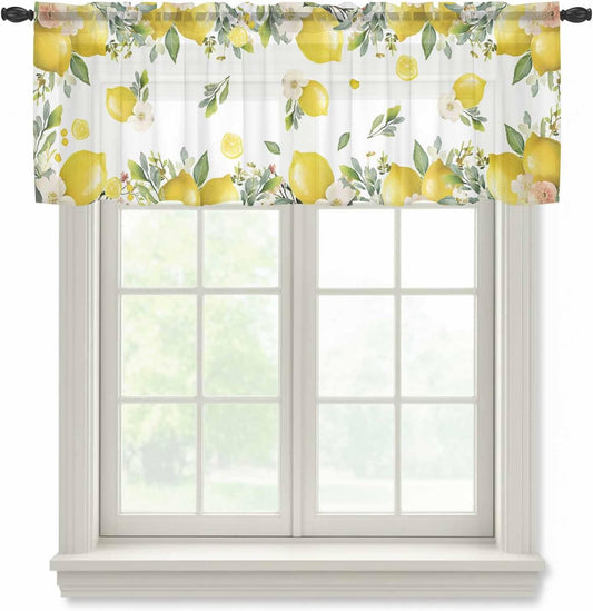 Country Sheer Curtain 18 Inch Long Vintage Yellow Lemon Flowers Farm Light Filtering Rod Pocket Voile Curtain Valance for Bedroom Kitchen Cafe Window 54" W x 18" L