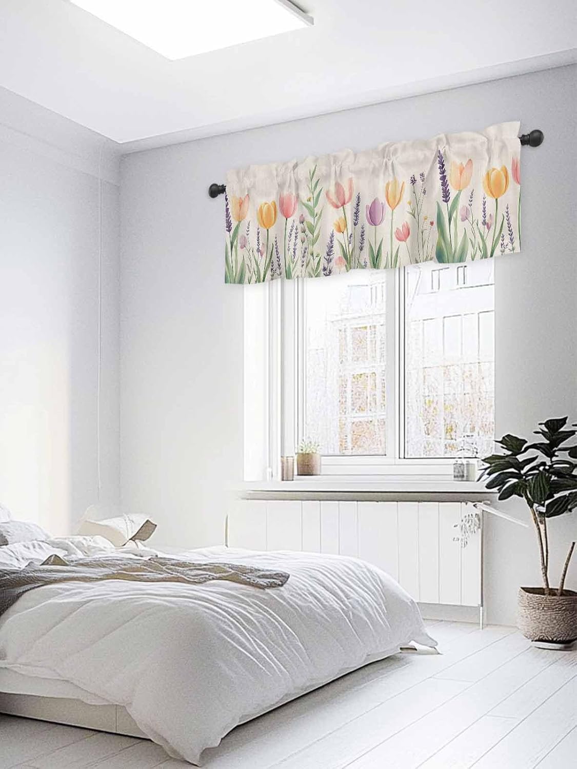 Spring Floral Valances for Windows, Pink Yellow Tulip Kitchen Curtains Window Treatment Decor, Summer Botanical Flowers Rod Pocket Short Window Valances for Living Room/Bedroom, 54" x 18"