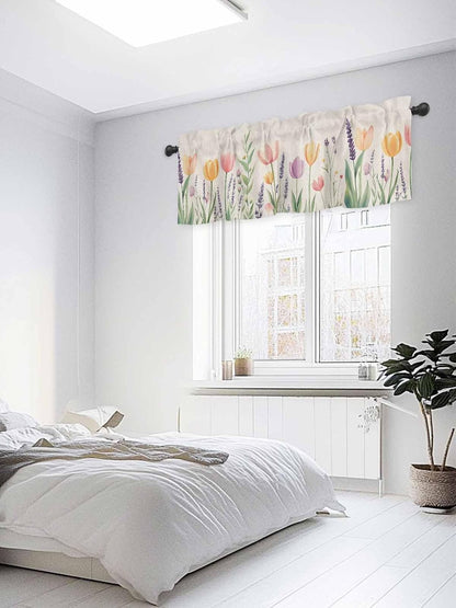 Spring Floral Valances for Windows, Pink Yellow Tulip Kitchen Curtains Window Treatment Decor, Summer Botanical Flowers Rod Pocket Short Window Valances for Living Room/Bedroom, 54" x 18"