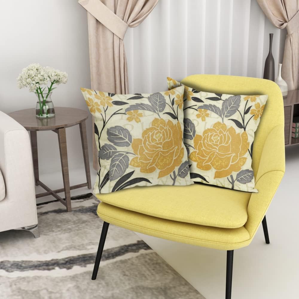 Kawani Grey and Yellow Flower Pillow Covers 20x20 Set of 2 Mustard Yellow Case Soft Decorative Spring Outdoor Cotton Linen Leaf Pillowcases Decor Gifts for Home Patio Couch Sofa (TPC-23042406)