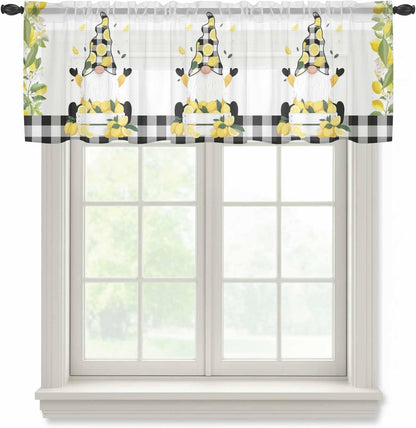 Lemon Gnome Sheer Valance Curtains, Green Leaf Black Plaid Farm Fruit Idyllic Wind Light Filtering Kitchen Valances Rod Pocket Voile Curtain Window Treatment for Bedroom/Living Room/Basement 54Wx18L