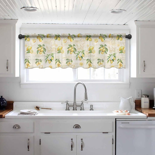 Yellow Lemons Valance Curtains for Kitchen/Living Room/Bathroom/Bedroom Window, Summer Botanical Fruit Leaves Country Rod Pocket Small Topper Half Short Window Curtains Voile Sheer Scarf, 54"x18"