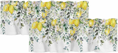 2 Pack Yellow Lemon Kitchen Valances for Windows, Nature Eucalyptus Leaves Short Valance Curtains Rod Pocket Window Treatments Watercolor Flowers Valances for Living Room Bedroom 42x12 Inch, 2 Panels