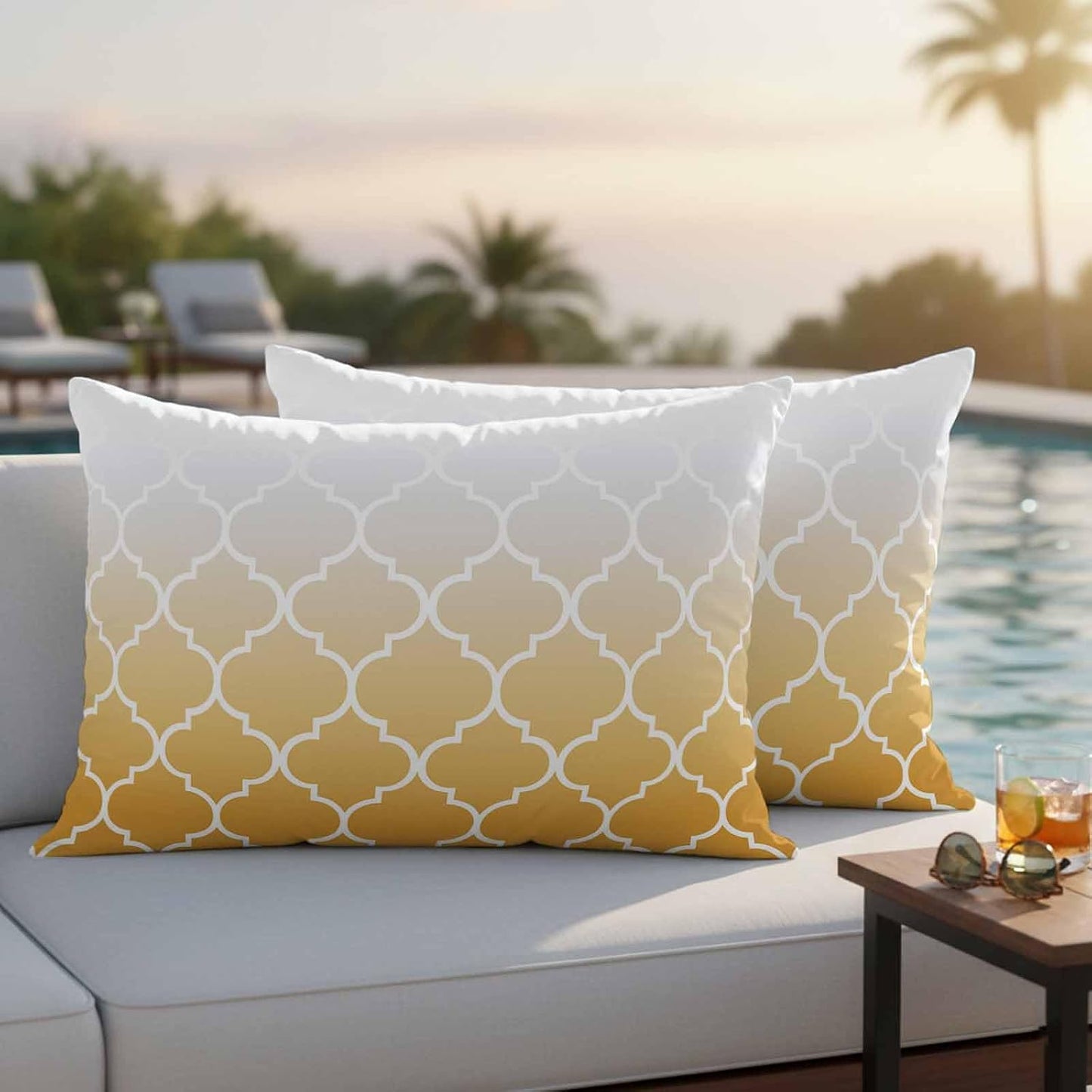 Outdoor Pillow Cover 20x12inch Set of 2, Yellow Gradient Moroccan Pattern Waterproof Decorative Throw Pillow Cover for Couch Sofa, White Stripes Buffalo Check Cushion Cases for Patio Garden