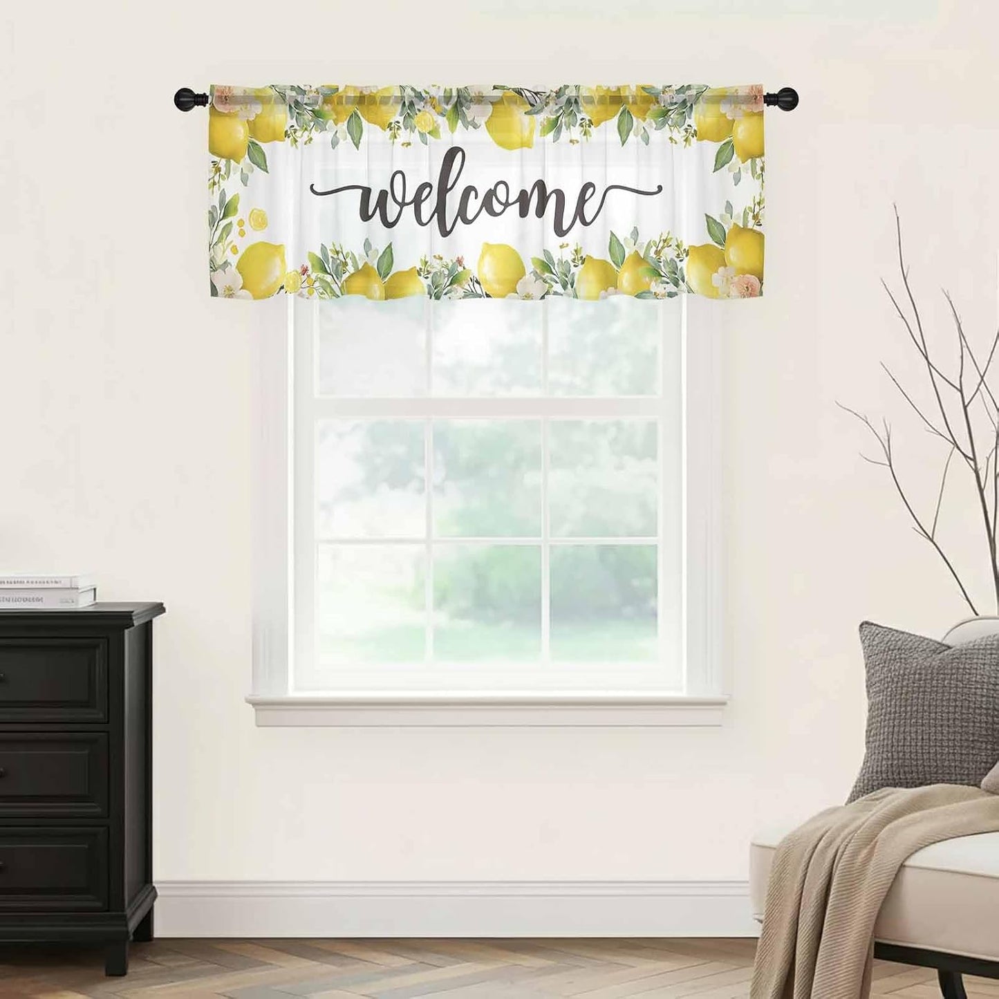 Country Sheer Curtain 18 Inch Long Welcome Yellow Lemon Farm White Background Light Filtering Rod Pocket Voile Curtain Valance for Bedroom Kitchen Cafe Window 54" W x 18" L