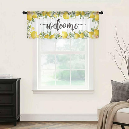 Country Sheer Curtain 18 Inch Long Welcome Yellow Lemon Farm White Background Light Filtering Rod Pocket Voile Curtain Valance for Bedroom Kitchen Cafe Window 54" W x 18" L