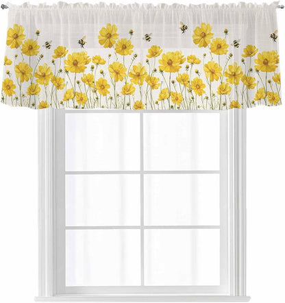 Yellow Daisy Floral Sheer Valance Curtains for Kitchen Living Room Decor, Honey Bee Rustic Flowers Semi Sheer Curtain Voile Valance Rod Pocket Window Treatment Short Curtain Panel 54"x18"