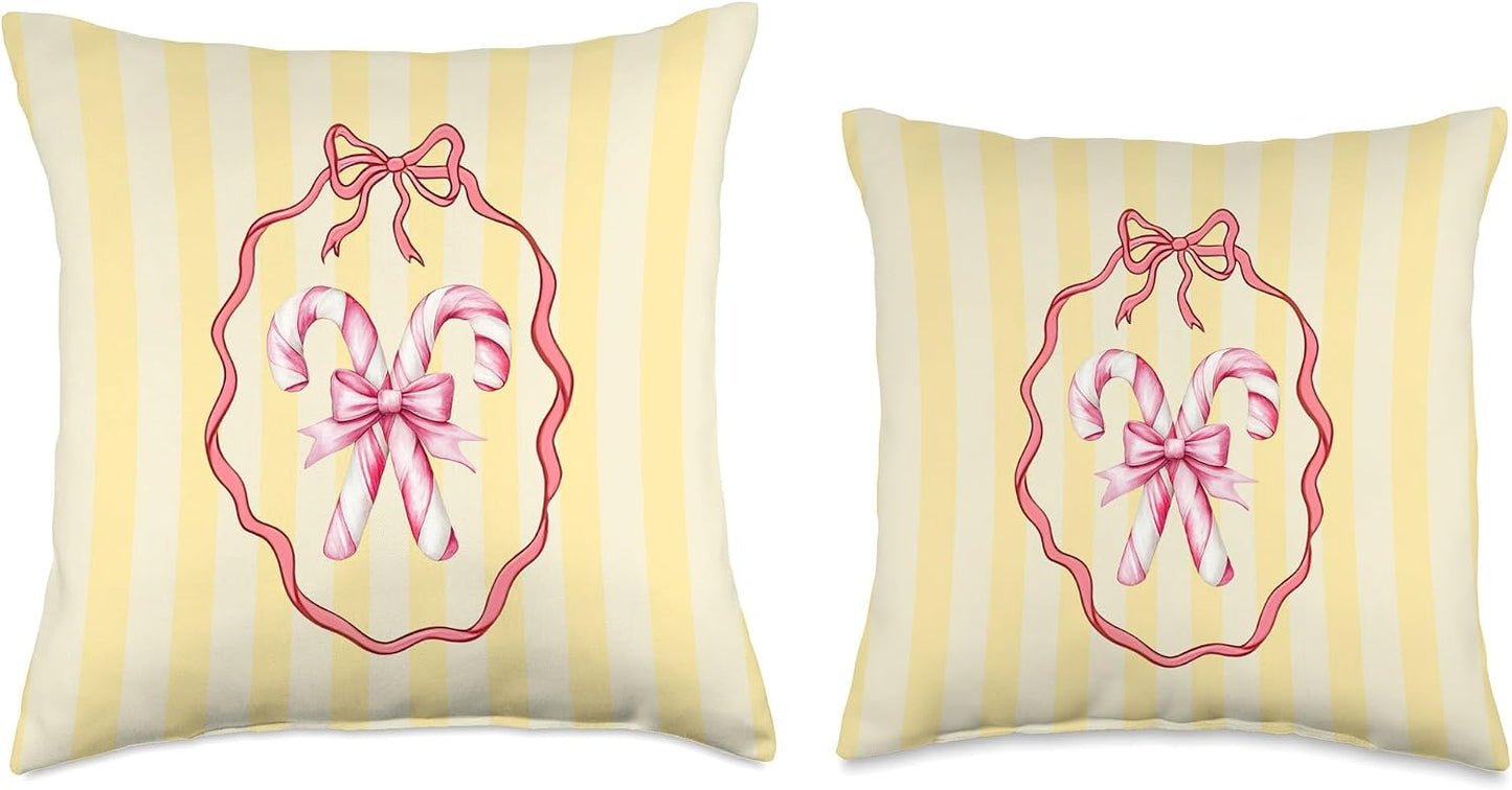 Aesthetic Coquette Girly Candy Canes with Bow Yellow Stripes Throw Pillow