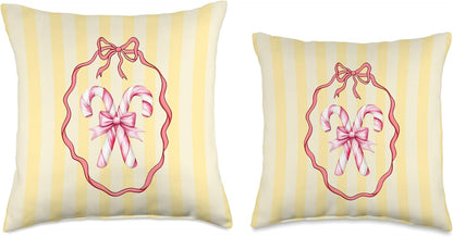 Aesthetic Coquette Girly Candy Canes with Bow Yellow Stripes Throw Pillow