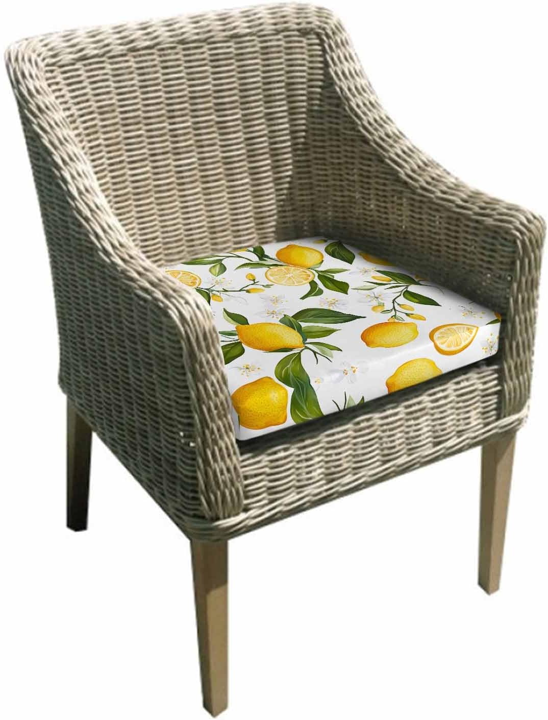 Lemon Summer Outdoor Cushion Cover Floral Lemon Yellow Green Waterproof Patio Chair Seat Slipcovers with Zipper & Tie Couch Cushion Covers Furniture Protector, 2 Pcs, 20"x18"x4"