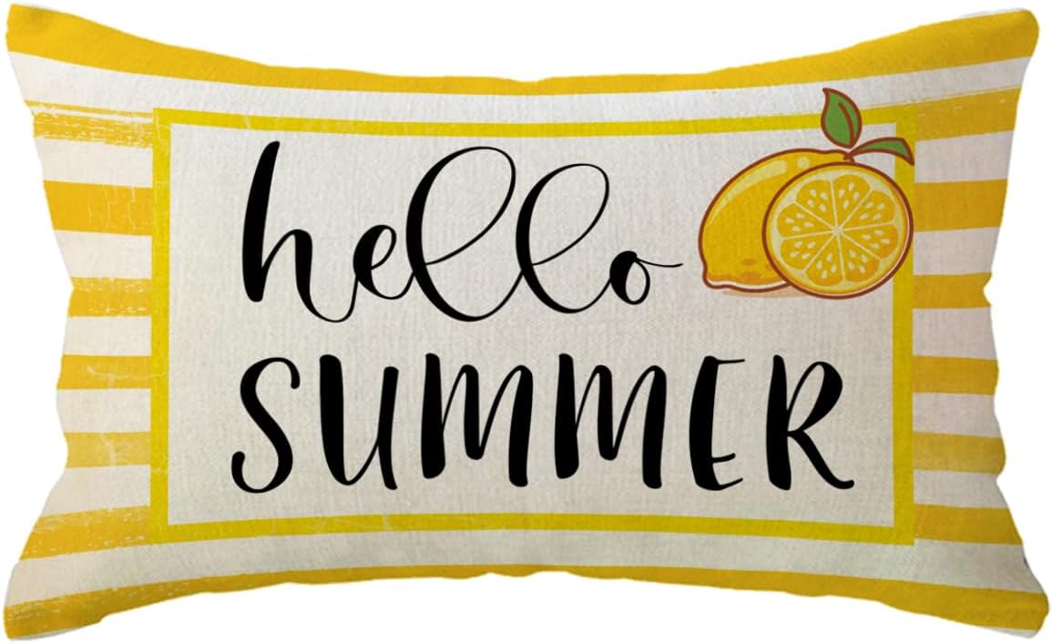 ULOVE LOVE YOURSELF Hello Summer Decorative Pillow Cover Yellow Lemon Design Cushion Cover 12"×20" Farmhouse Summer Holiday Lumbar Pillowcase Seasonal Decorations for Sofa Couch Porch(Yellow)