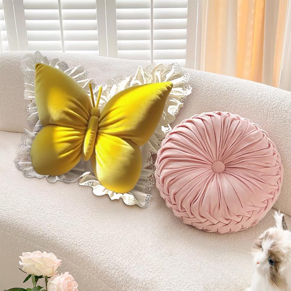 Butterfly Throw Pillow,21.6 inch Velvet Butterfly Decorative Pillow with Lace Trim,Animal Pillow for Couch Living Room Bed,Home Garden Decor (Yellow)