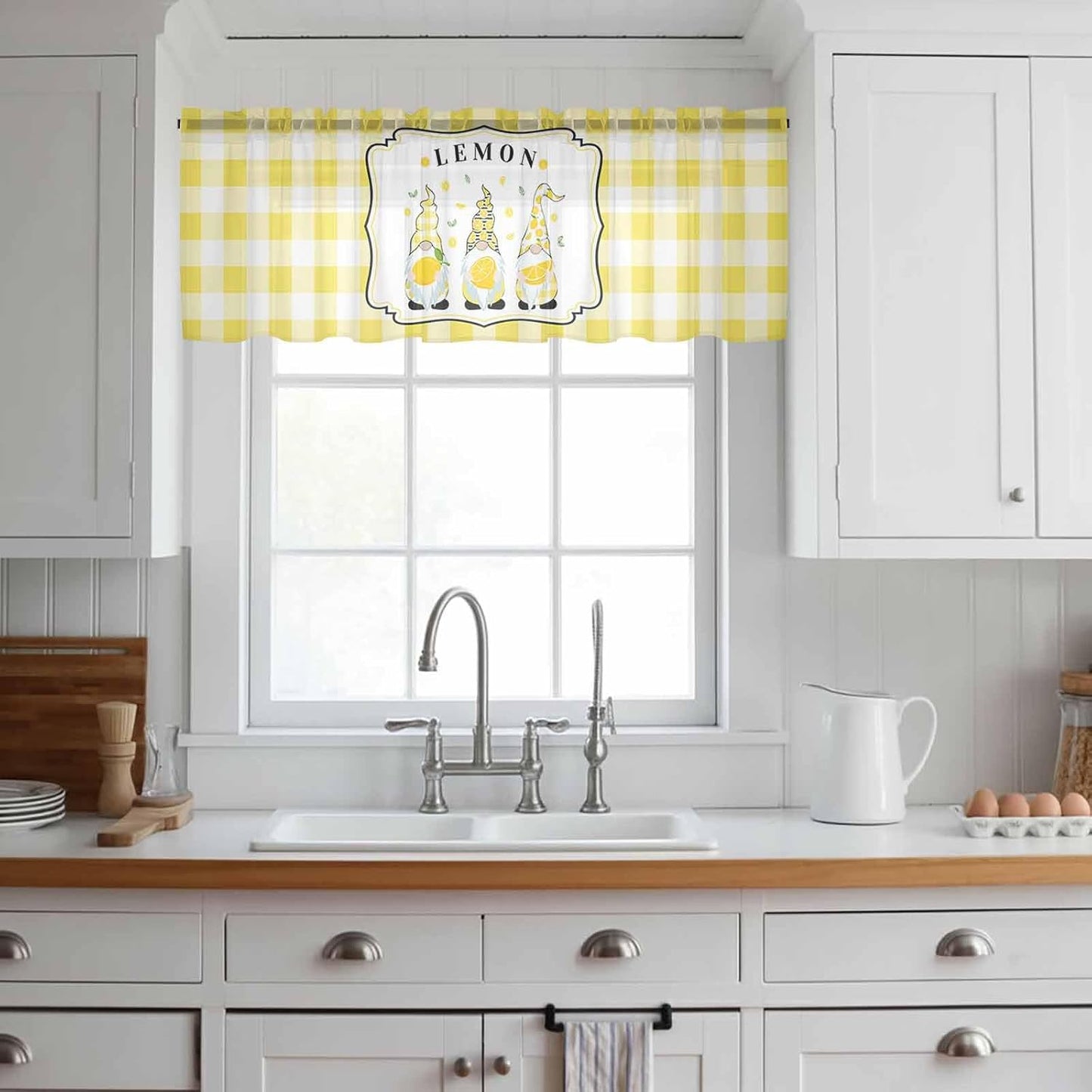 Sheer Valances for Windows Lemon and Gnomes Window Valances Rod Pocket Yellow Check Plaid Buffalo Window Treatment Sheer Curtains for Kitchen Living Room Bedroom Bathroom 54x18in