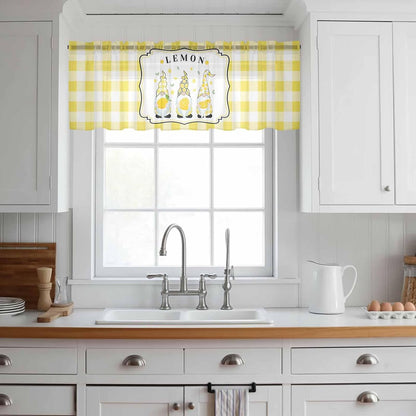 Sheer Window Valance Lemon and Gnomes Semi Voile Short Curtain Rod Pocket Yellow Check Plaid Buffalo Valances Window Treatment for Bedroom Living Room Kitchen 54x18in
