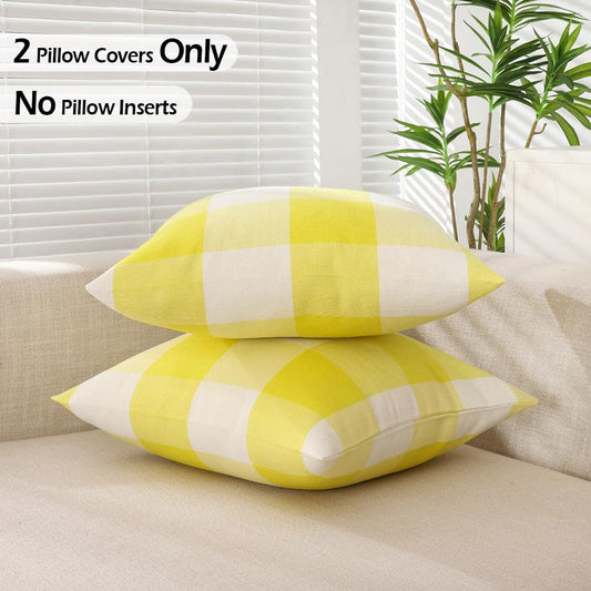 CARRIE HOME Yellow Buffalo Plaid Summer Outdoor Pillow Covers 18x18 Set of 2, Yellow Checkered Decorative Couch Pillow Covers 18 x 18, Front and Back Porch Decor Pillows for Patio Furniture