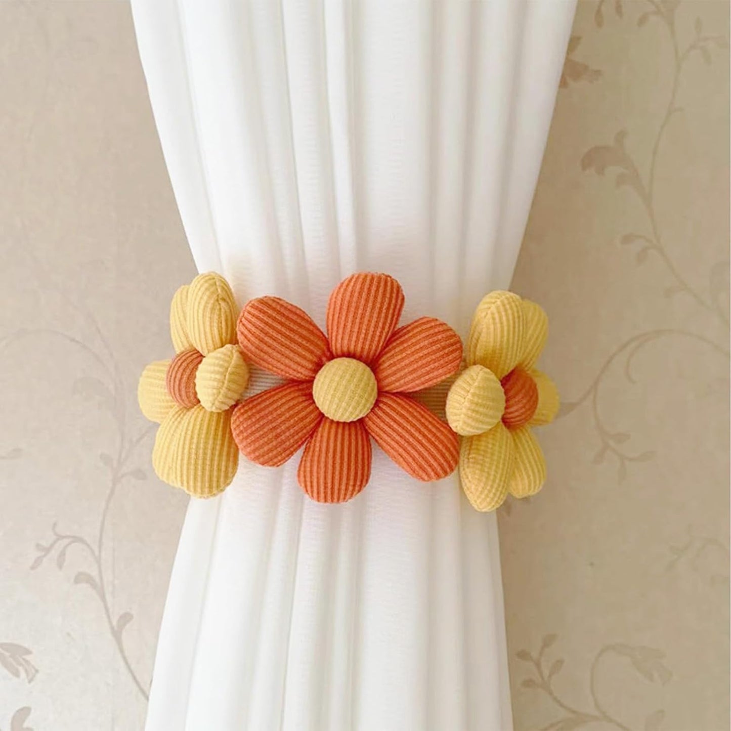 2pcs Curtain Ties Flower Curtain Buckles, Flower Curtain Tiebacks Simplicity Curtain Ties with Buttons,Decorative Curtain Tie Backs for Curtains Bedroom Window (Orange+Yellow)