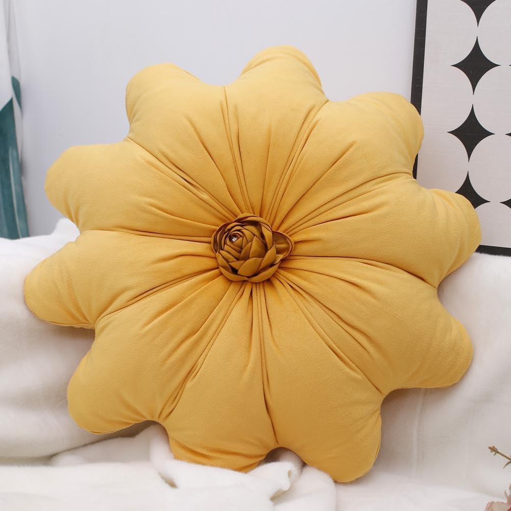 Flower Pillow Cushion Round Decorative Throw Pillow 15.7 Velvet Flower Shaped Pillow for Sofa Couch Vanity Chair Bed (Yellow)