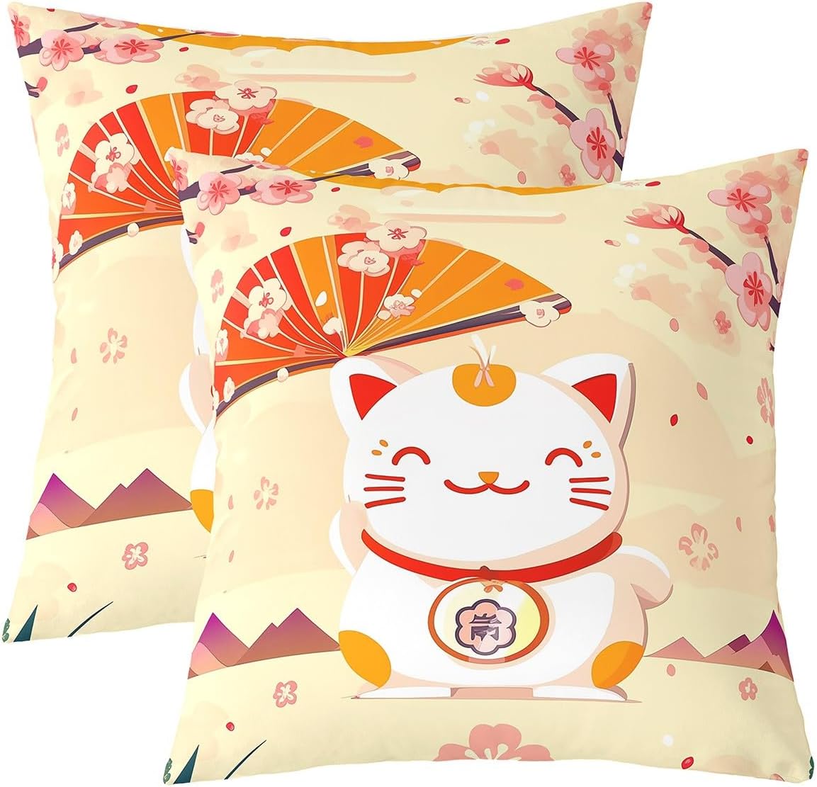 jejeloiu Kids Cherry Blossoms Throw Pillow Covers 22"x22" Set of 2 Boys Girls Sakura Flower Decorative Pillow Case Pillowcase Japanese Style Cushion Cover Kawaii Cat Pattern Outdoor Pillows Covers
