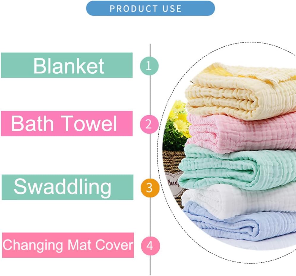 Aablexema Baby Muslin Bath Towels - Set of 2 Large Size 43X43 Inches Swaddle Blanket for Newborn Toddlers Boys Girls (White & Yellow)
