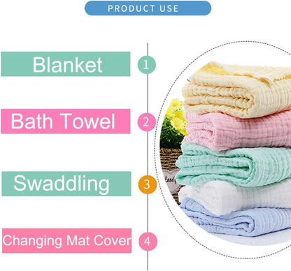 Aablexema Baby Muslin Bath Towels - Set of 2 Large Size 43X43 Inches Swaddle Blanket for Newborn Toddlers Boys Girls (White & Yellow)