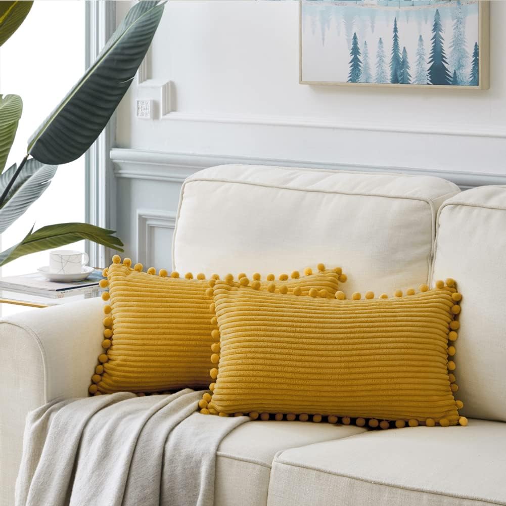 Fancy Homi 2 Pack Mustard Yellow Lumbar Decorative Throw Pillow Covers 12x20 Inch with Pom-poms for Living Room Couch Bedroom, Soft Corduroy Solid Cushion Case 30x50 cm, Rustic Farmhouse Home Decor