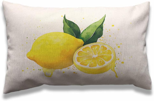 AOYEGO Lemon Throw Pillow Cover 12x20 Inch Nature Watercolor Summer Fruit Lemons Slice Leaves Rectangle Pillow Cases Home Decorative Cotton Linen Cushion Cover for Bed Sofa Yellow Green