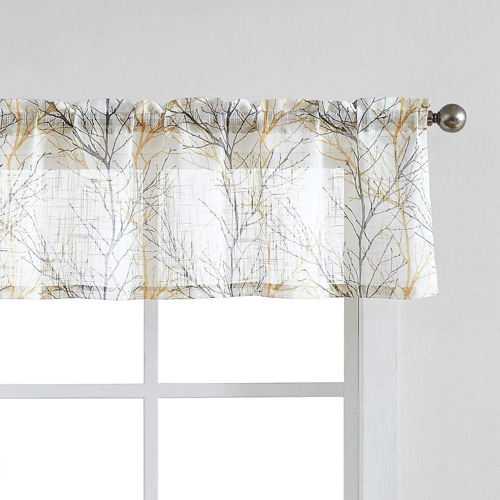 FMFUNCTEX Window Valance Curtains Yellow Grey Tree Branch Print on Semi Sheer White Short Valance for Kitchen Bathroom Rod Pocket Window Treatment 1 Panel, 50 x 15 Inches