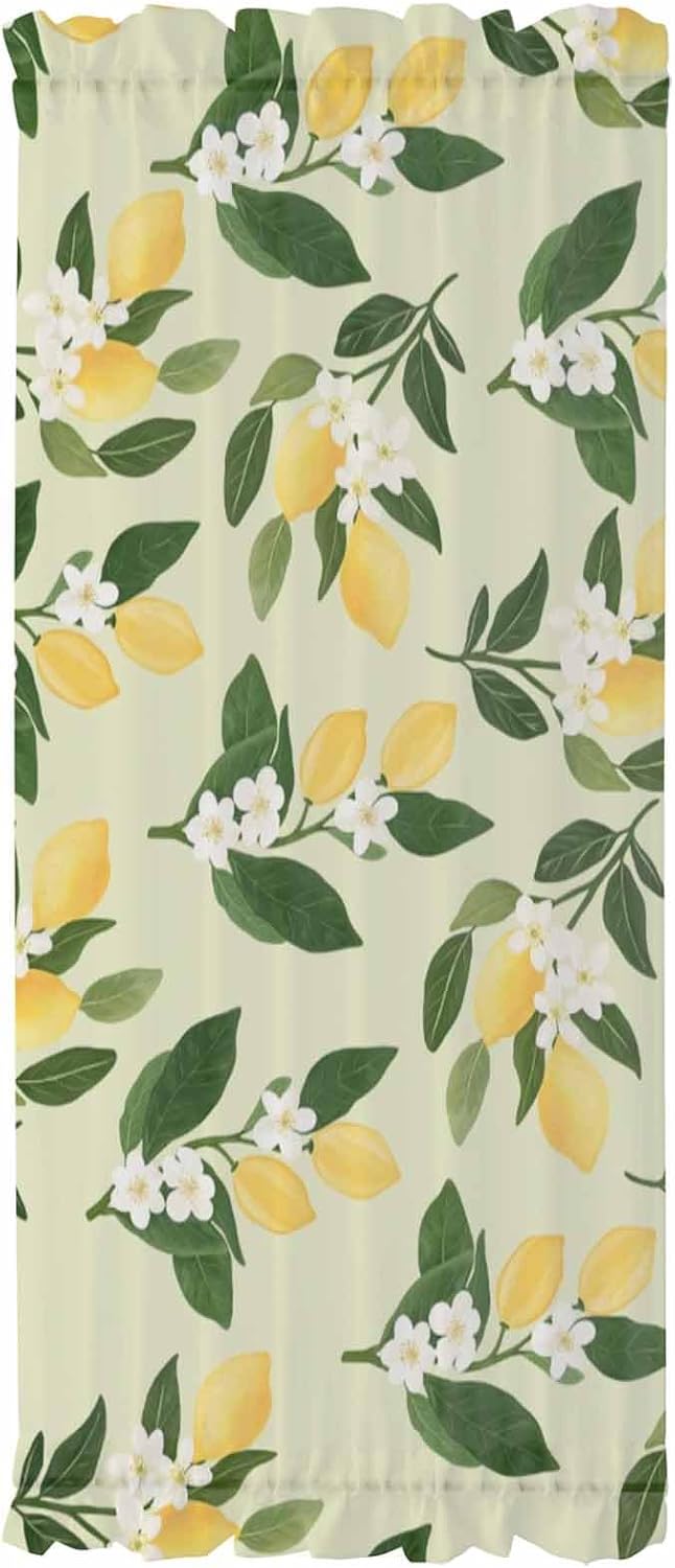 Lemons Leaves French Door Curtain, Summer Fruits Floral Botanical Yellow 25W X 40L Sheer Door Curtains for Doors Windows, Rod Pocket Sidelight Curtains for Front Sliding Doors with Tieback